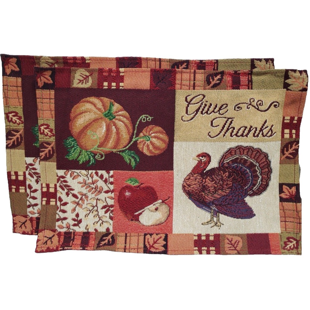 Set of 2 Tapestry Placemats,13"x18", HARVEST,THANKSGIVING TURKEY,GIVES THANKS,DG